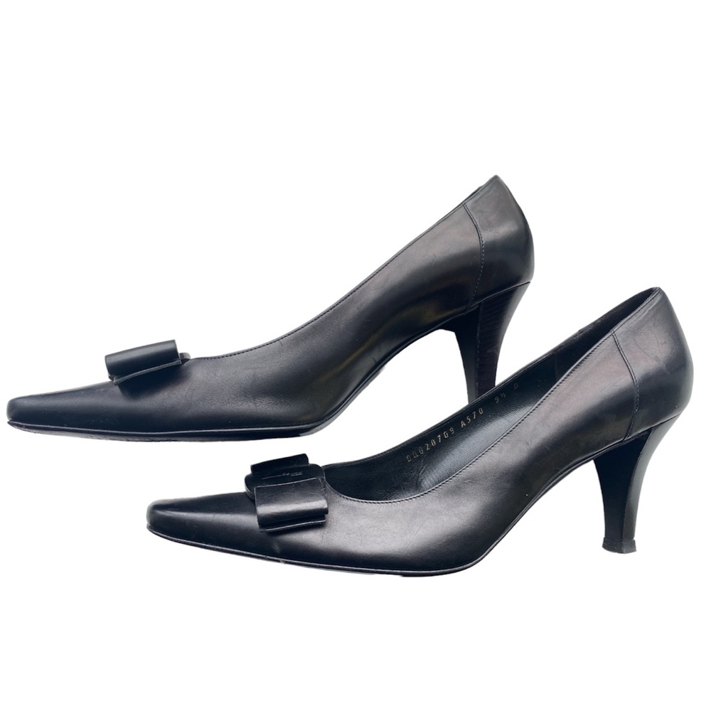 Salvatore Ferragamo Bow Leather Black Womens High Heels Pumps 8.5 8 1/2 9.5 toe - Picture 10 of 10